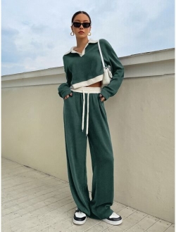 Contrast Collar Drop Shoulder Crop Sweatshirt Sweatpants