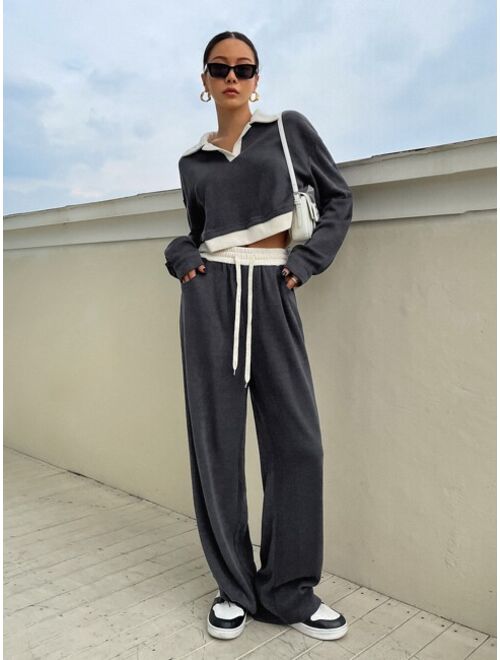 DAZY Contrast Collar Drop Shoulder Crop Sweatshirt Sweatpants