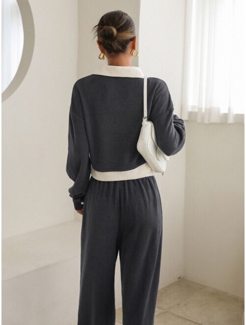 DAZY Contrast Collar Drop Shoulder Crop Sweatshirt Sweatpants