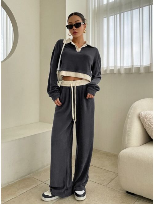 DAZY Contrast Collar Drop Shoulder Crop Sweatshirt Sweatpants