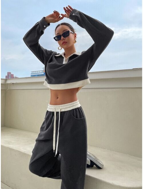 DAZY Contrast Collar Drop Shoulder Crop Sweatshirt Sweatpants