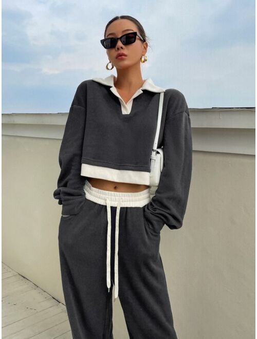 DAZY Contrast Collar Drop Shoulder Crop Sweatshirt Sweatpants