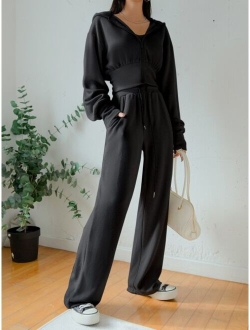 Drop Shoulder Hooded Jacket Drawstring Waist Pants