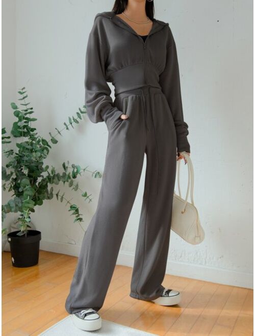 DAZY Drop Shoulder Hooded Jacket Drawstring Waist Pants