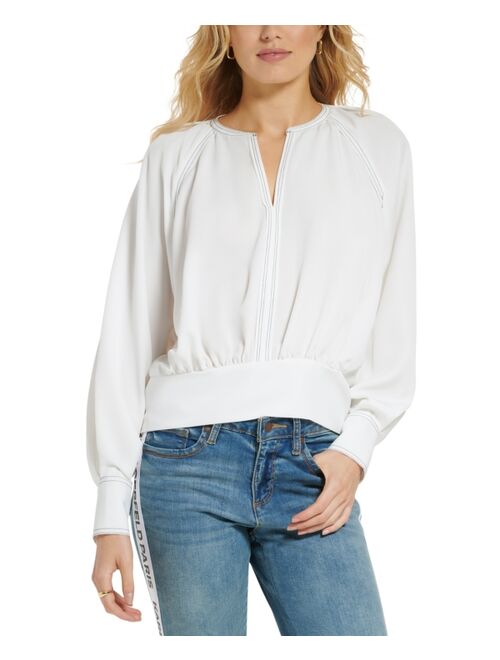 KARL LAGERFELD PARIS Women's Ruched-Back Split-Neck Blouse