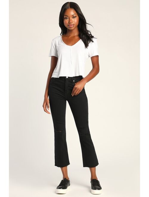 DAZE DENIM Shy Girl Black Distressed High-Waisted Cropped Flare Jeans