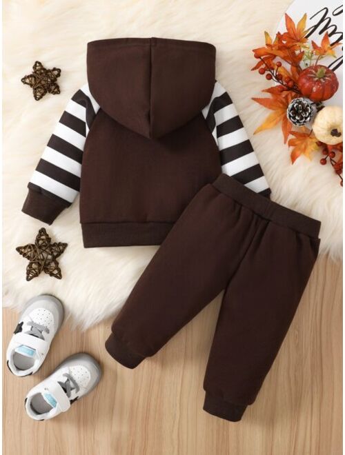 Shein Baby Slogan And Striped Print Raglan Sleeve Hoodie & Sweatpants