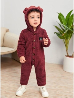 Baby Letter Patched 3D Ear Design Hooded Teddy Jumpsuit