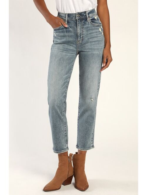 DAZE DENIM Straight Up Medium Wash Distressed High Rise Straight Jeans