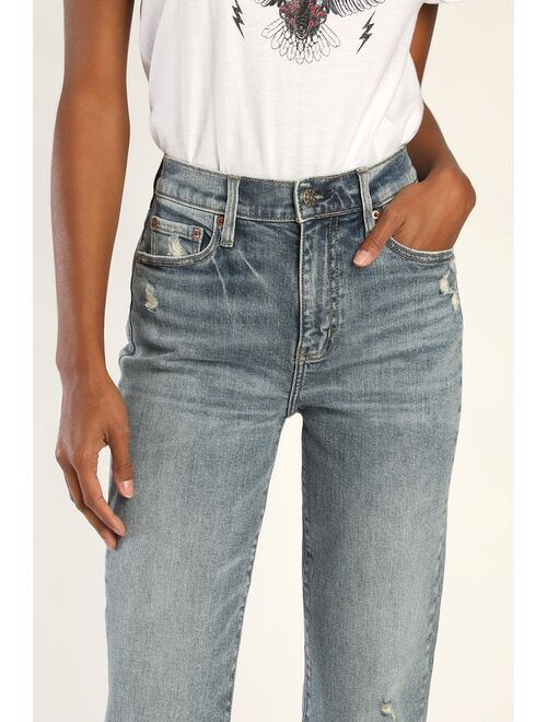 DAZE DENIM Straight Up Medium Wash Distressed High Rise Straight Jeans