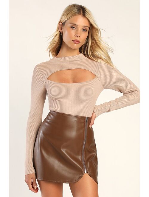 Lulus Meant to Stand Out Brown Vegan Leather Zip-Front Mini Skirt