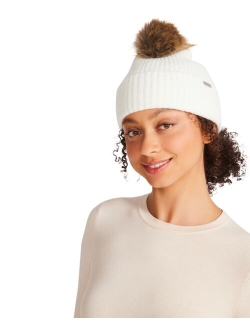 Womens Solid Beanie With Faux Fur Pom, Created for Macy's