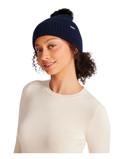 STEVE MADDEN Womens Solid Beanie With Faux Fur Pom, Created for Macy's