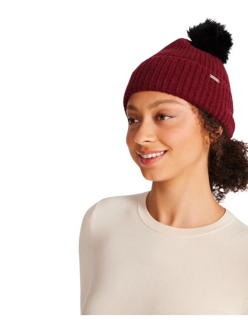 STEVE MADDEN Womens Solid Beanie With Faux Fur Pom, Created for Macy's