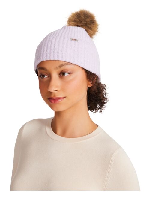 STEVE MADDEN Womens Solid Beanie With Faux Fur Pom, Created for Macy's