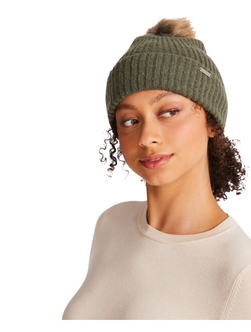 STEVE MADDEN Womens Solid Beanie With Faux Fur Pom, Created for Macy's