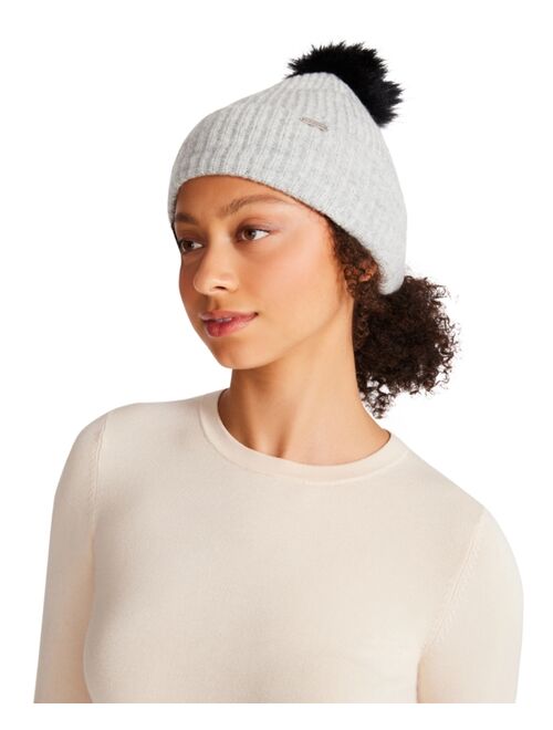 STEVE MADDEN Womens Solid Beanie With Faux Fur Pom, Created for Macy's