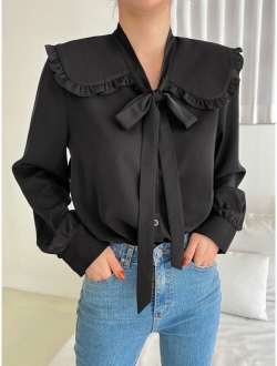 Statement Collar Frill Trim Knot Front Blouse