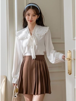 Statement Collar Frill Trim Knot Front Blouse