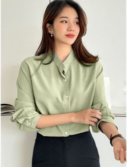 Solid Button Front Blouse