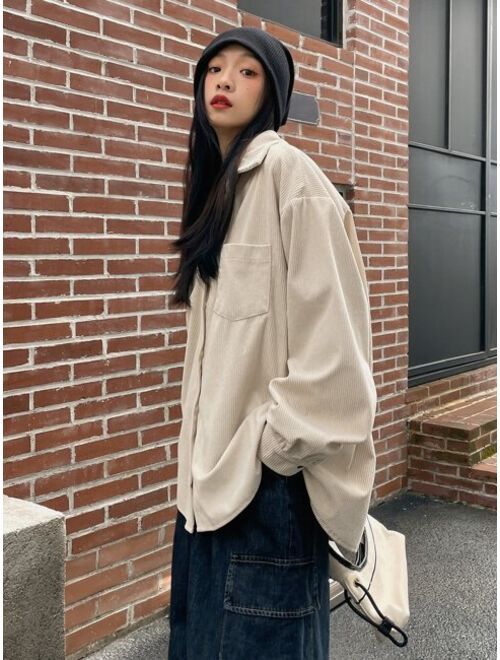 DAZY Drop Shoulder Pocket Patched Corduroy Shirt