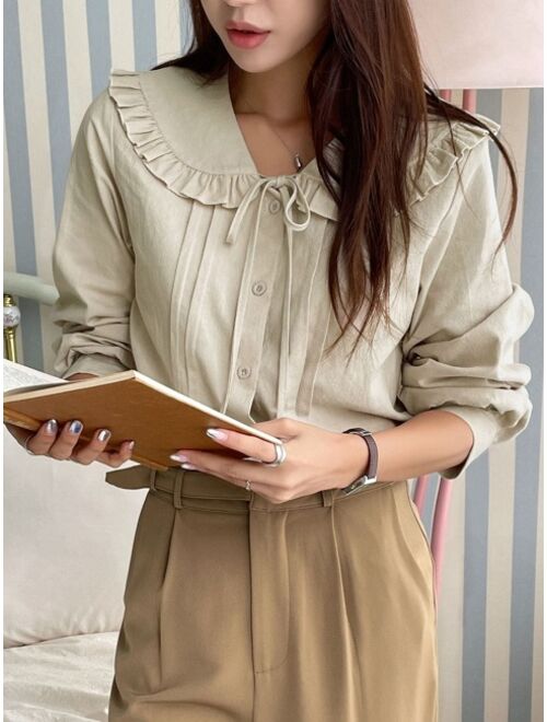 DAZY Frill Trim Statement Collar Tie Front Shirt