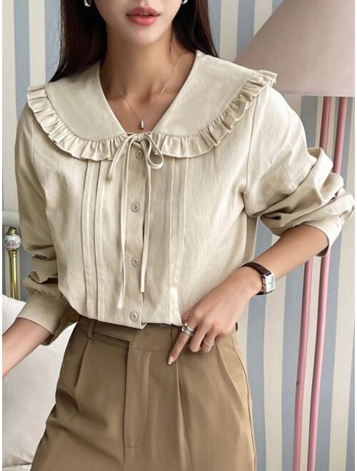 DAZY Frill Trim Statement Collar Tie Front Shirt