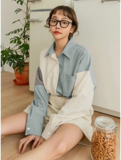 Color Block Patched Pocket Drop Shoulder Corduroy Blouse