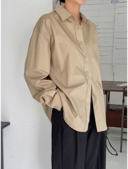 Solid Drop Shoulder Button Up Oversized Shirt