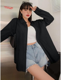 Solid Drop Shoulder Button Up Oversized Shirt