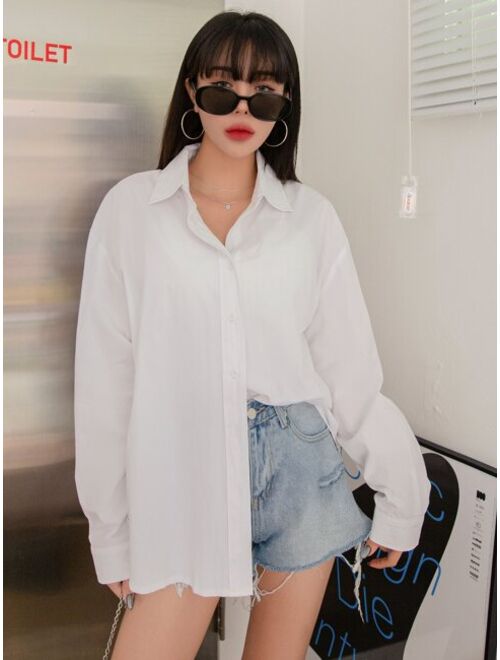 DAZY Solid Drop Shoulder Button Up Oversized Shirt