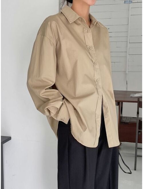 DAZY Solid Drop Shoulder Button Up Oversized Shirt