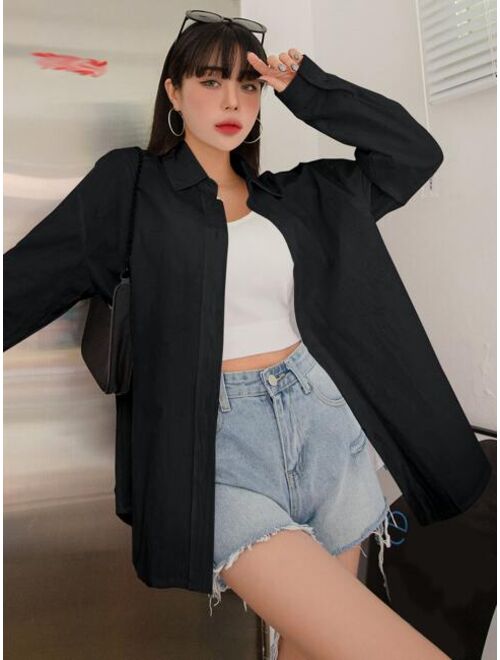 DAZY Solid Drop Shoulder Button Up Oversized Shirt