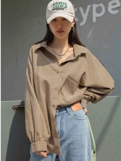 Drop Shoulder Pocket Patched Blouse