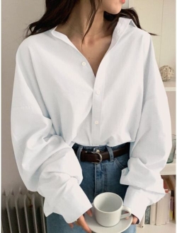 Solid Button Up Drop Shoulder Oversized Shirt