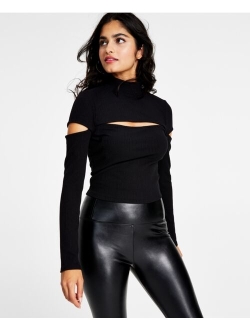 Women's Ribbed Mock-Neck Long-Sleeve Cutout Top, Created for Macy's