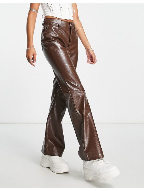 Reclaimed Vintage croc leather look flare pants in chocolate