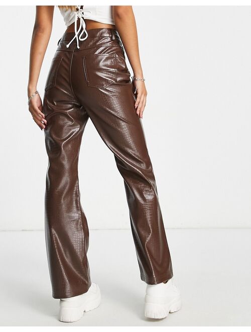 Reclaimed Vintage croc leather look flare pants in chocolate