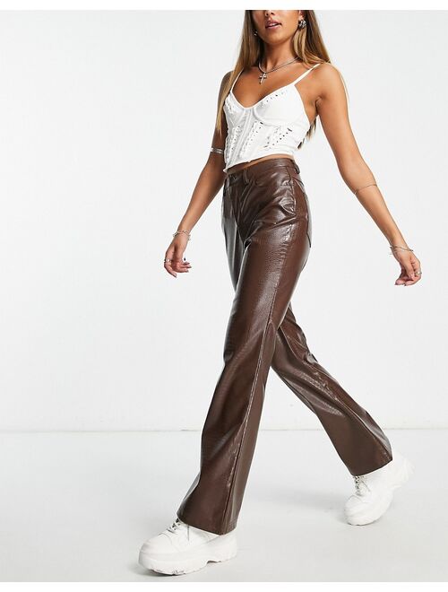 Reclaimed Vintage croc leather look flare pants in chocolate