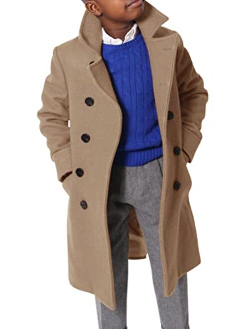 Ebifin Boys Notch Lapel Double Breasted Long Trench Coat Casual Classic Peacoat