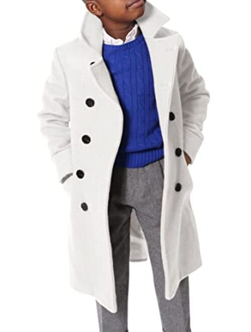 Ebifin Boys Notch Lapel Double Breasted Long Trench Coat Casual Classic Peacoat