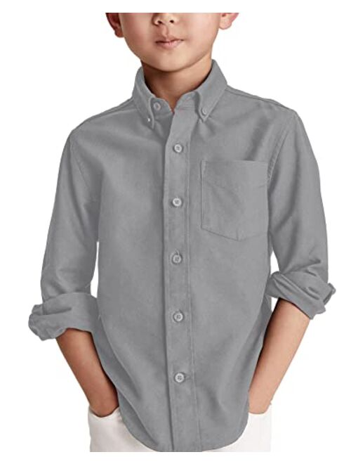 Simtuor Boys' Long Sleeve Dress Shirts Classic Collared Button-Down Tshirt Solid Cotton Top with Chest Pocket