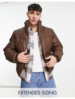 cropped faux leather puffer jacket in brown
