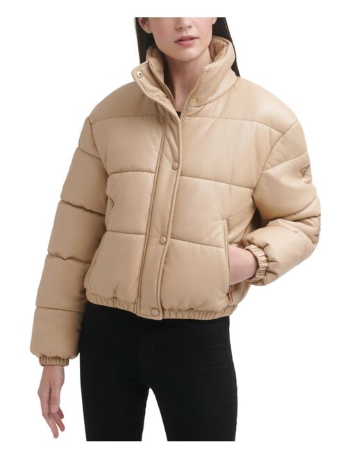 GUESS Women's Faux-Leather Puffer Coat