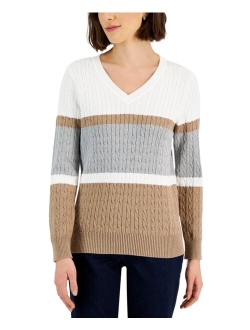 KAREN SCOTT Women's Cable-Knit Brighton Striped Sweater, Created for Macy's