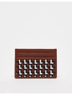 leather cardholder in brown with weave detail