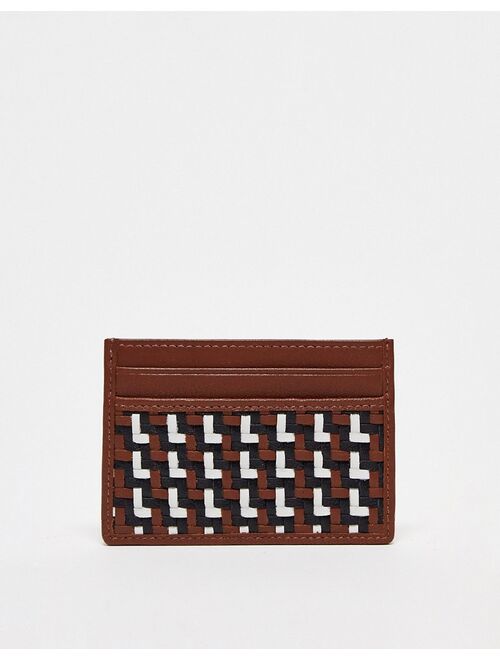 ASOS DESIGN leather cardholder in brown with weave detail