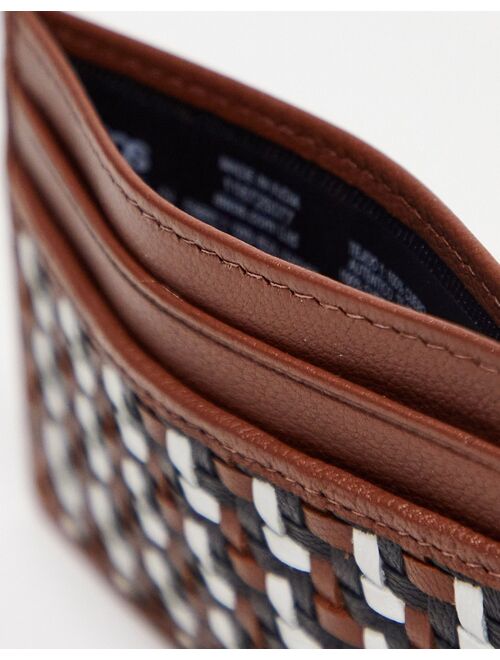 ASOS DESIGN leather cardholder in brown with weave detail