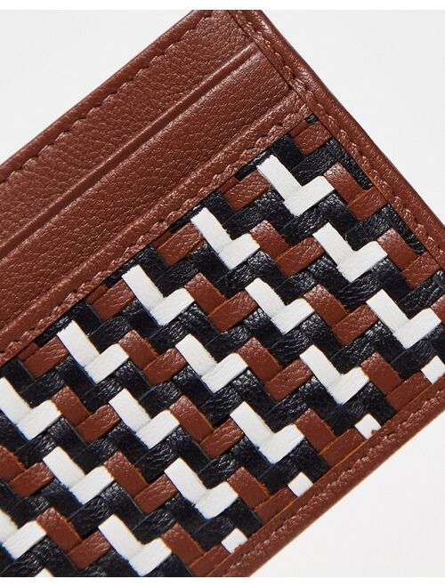 ASOS DESIGN leather cardholder in brown with weave detail