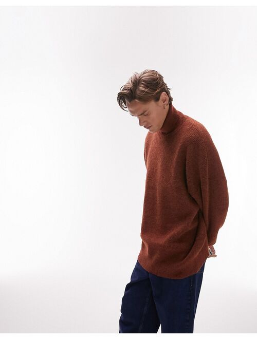 Topman heavy knitted oversized roll neck sweater in brown